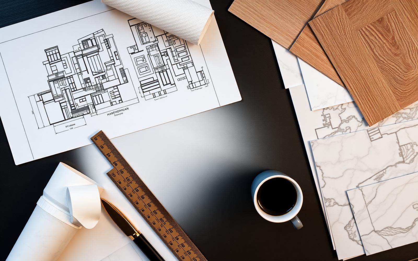 Blueprints, ruler and material samples on a desk